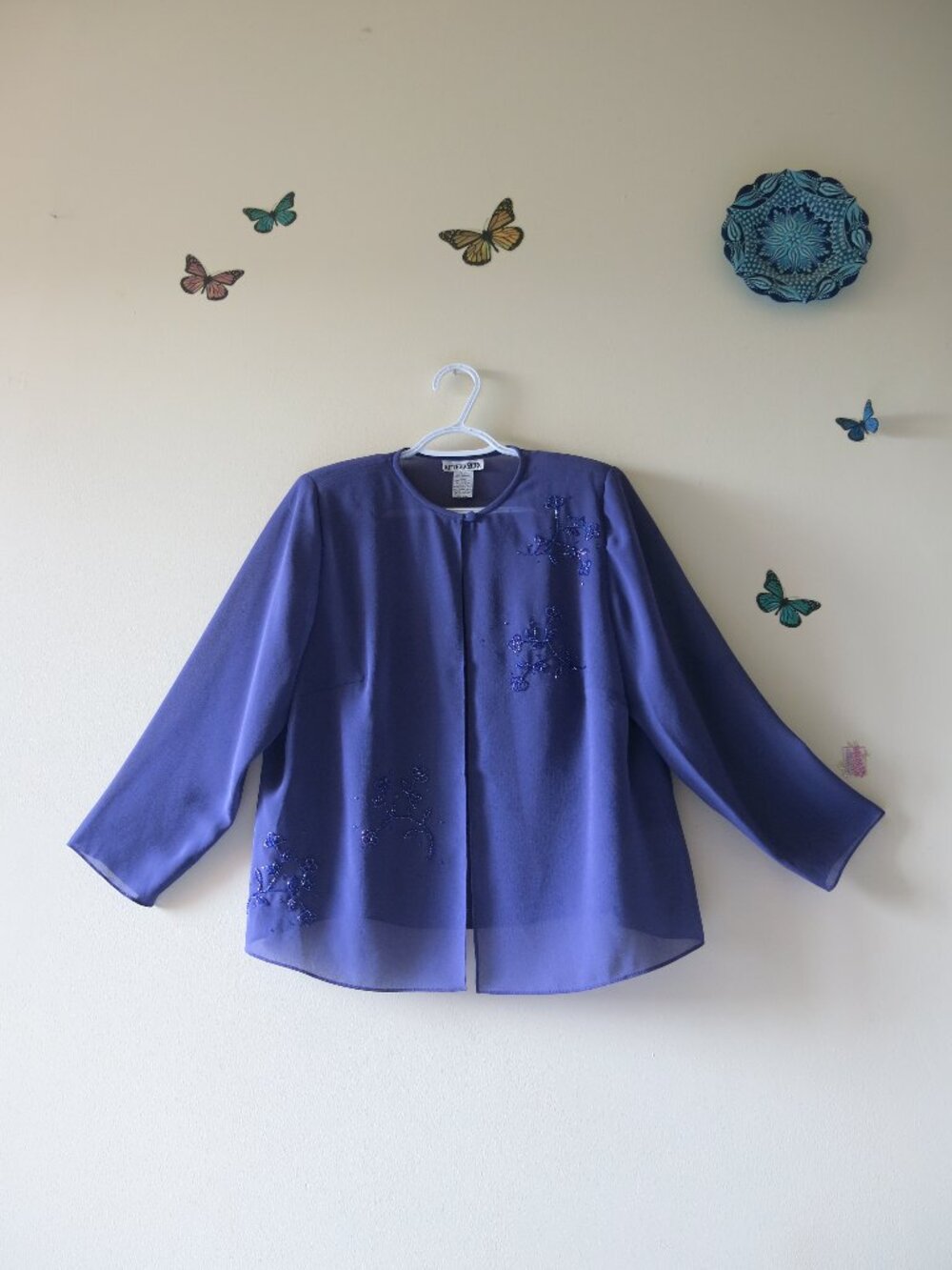Vintage After Dark Purple Beaded Floral Voile Shoulder Pads Jacket Fits Sz. 6/M